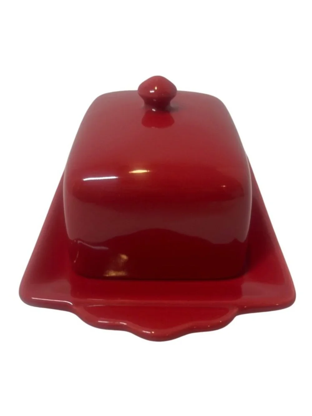 Red Ceramic Butter or Cheese Dish with Lid Scalloped Tray Dishwasher & Microwave